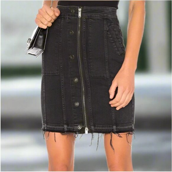 DL1961 Mini Skirt Large Black Denim High Rise Stretch Short Raw Hem Sculpt Poppy - Picture 1 of 6